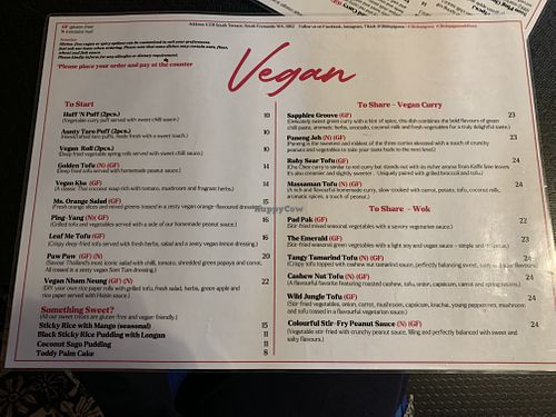 Vegan menu  at Three Little Pigs in South Fremantle