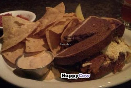 Tempeh Reuben with tortilla chips and salsa. Vegan cheese and thousand island dressing. at The Portsmouth Brewery in Portsmouth