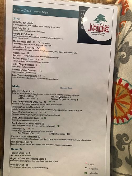 Showcase menu at Oriental Jade in Bangor