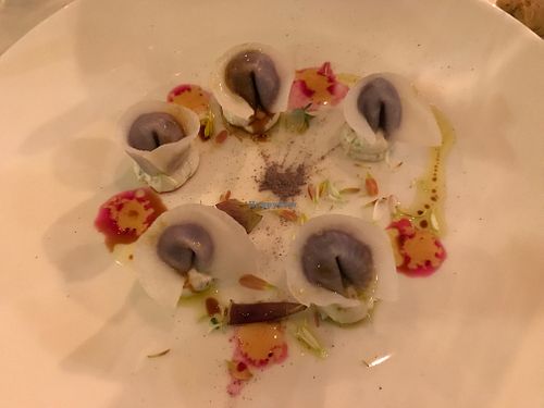 Raw tortellini filled with purple potatoes at Antonio Chiodi Latini in Turin