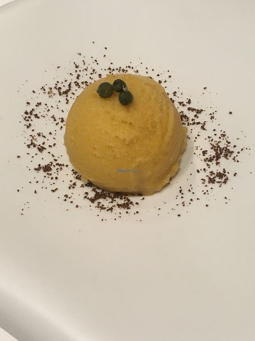 Celery and passion fruit sorbet with raw coffee and black pepper at Antonio Chiodi Latini in Turin