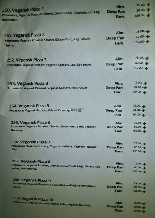 1st Page of Vegan Menu at Stenovn Delicato Pizza & Sharwarma in Odense