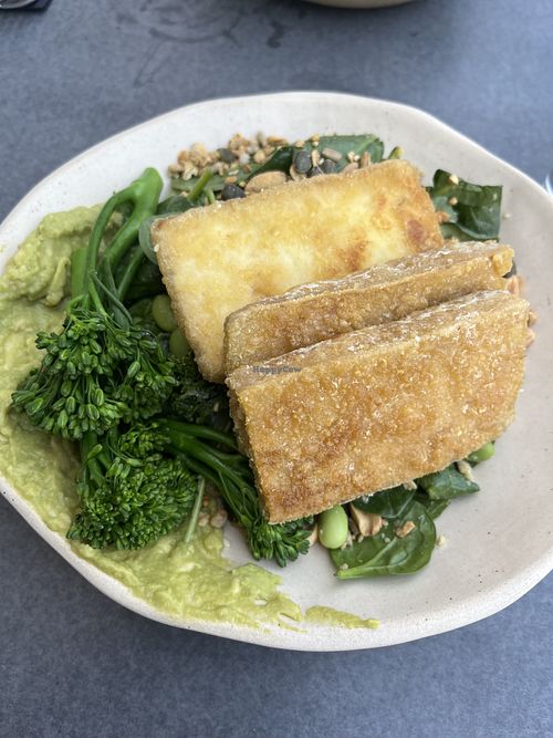 Green salad bowl with crispy tofuu  at Nola Kitchen in Porto