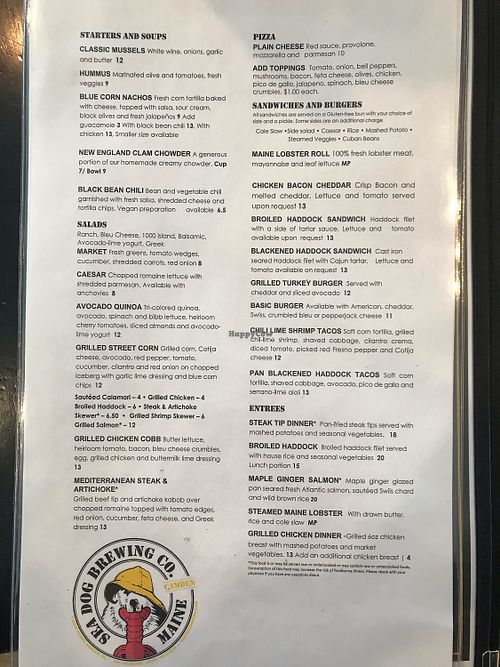 Apps menu at Sea Dog Brewing Co in Camden