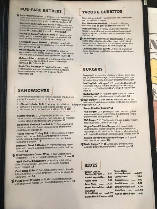 Sandwich menu at Sea Dog Brewing Co in Camden