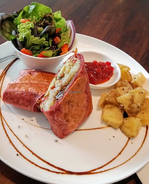 Awesome Vegan Burrito with side salad and fried potatoes at Cafe Home in Blenheim