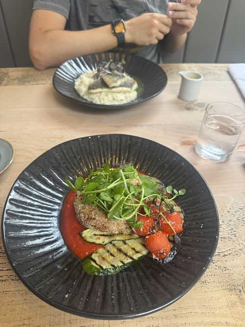 Risotto cake (wasn’t on the menu but chef prepared after asking for vegan) had soup and mushrooms on toast too  at Wolfscastle Country Hotel in Haverfordwest