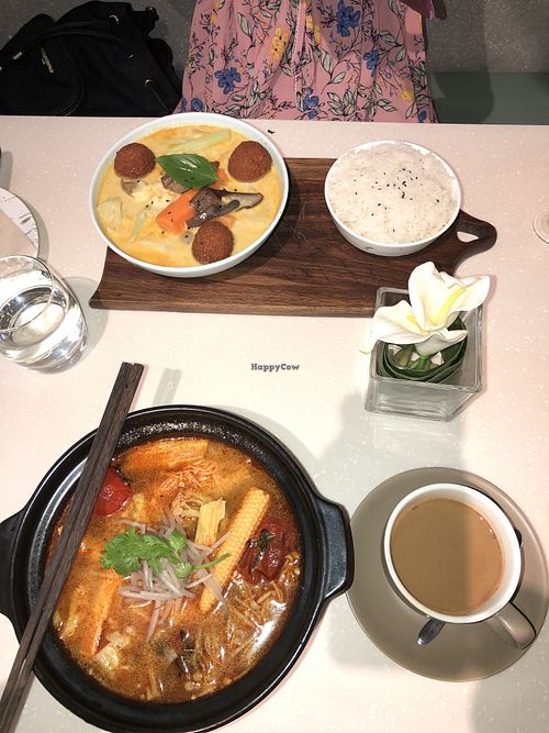 Curry with coconut rice, Tom yum with rice noodles and delicious white coffee!  at BMS Organics - Nanjing East in Shanghai