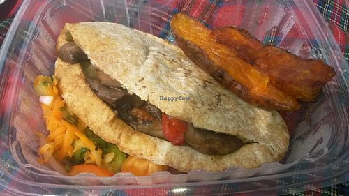 Veg stir fry pitta with sweet potato sides at REfUSE Café in Chester-le-street