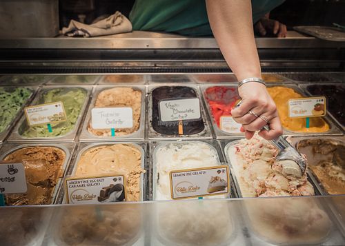 Gelato display case with vegan sorbet options at Everything Colorado in Dillon