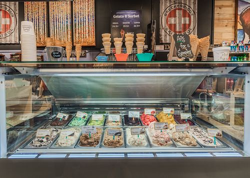 Gelato display case (dairy) with vegan sorbet options. at Everything Colorado in Dillon