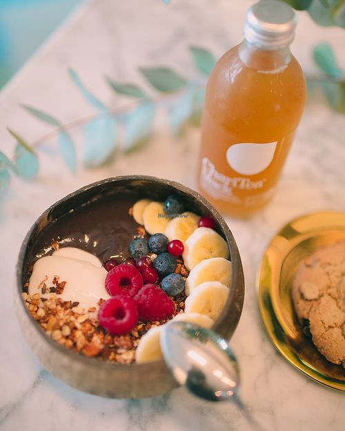 Vegabond serves breakfast as well. Like this Acai bowl, topped with home made granola, coconut yoghurt and fresh fruits! at Vegabond - West in Amsterdam