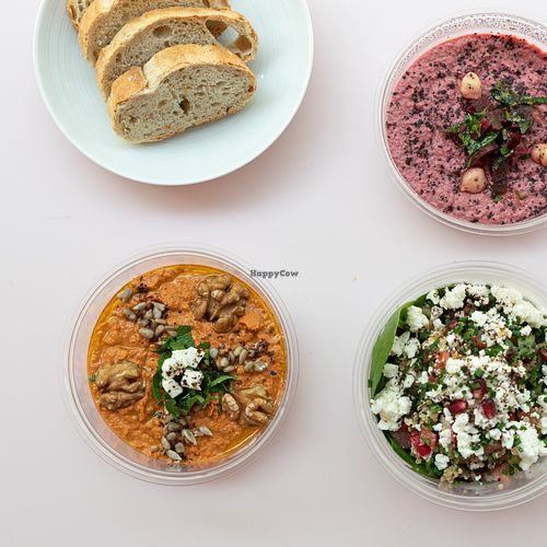 Beetroot and red bell peper hommous, quinoa salade at Sumac in Paris