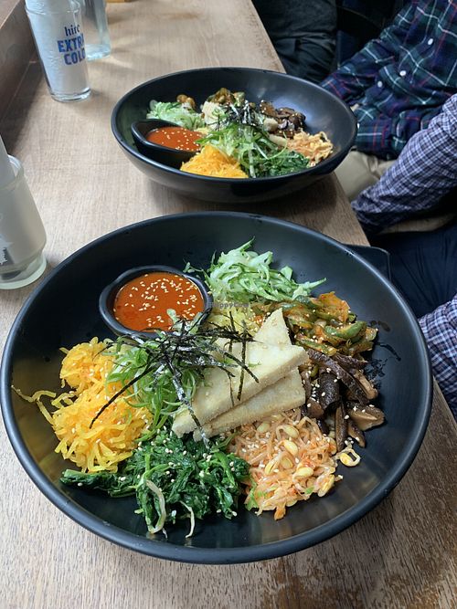 Bibimbop with noodles. Lightly fried tofu was amazing.  at mŏkbar in New York City