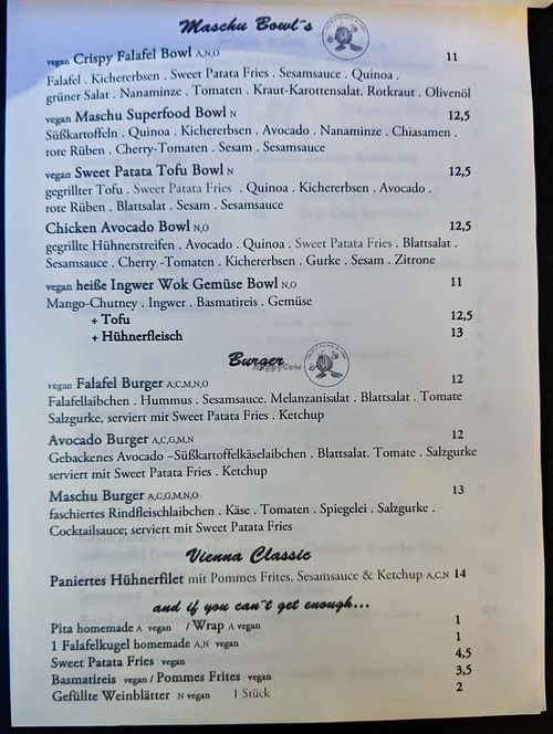 Page 2 of menu at Maschu Maschu at Maschu Maschu in Vienna