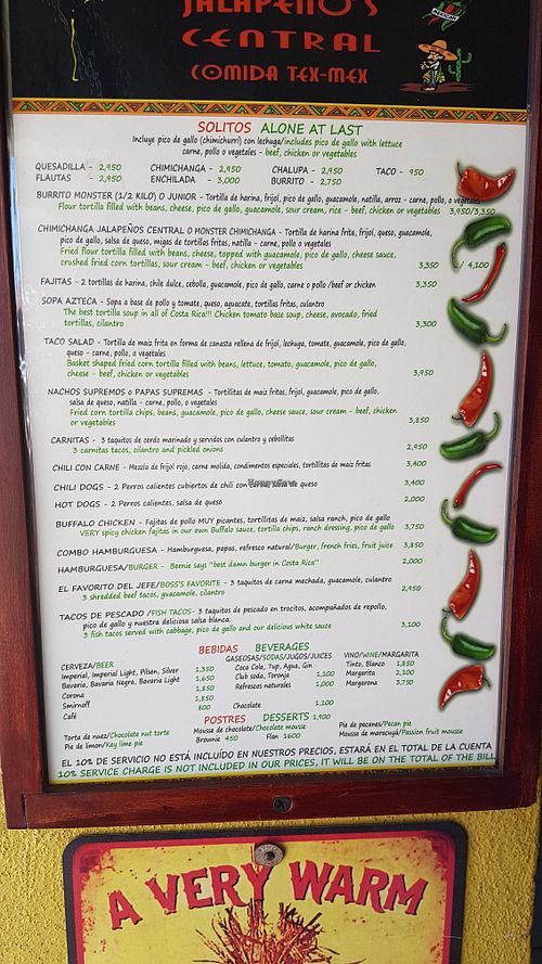 Menu 2 at Jalapeños Central in Alajuela
