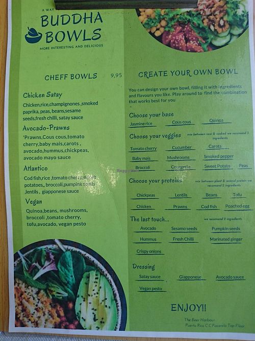 Buddha Bowl menu at The Beer Harbour in Gran Canaria