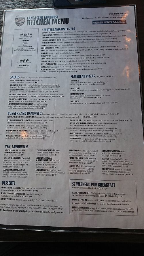 Menu at Lancaster Taphouse in Regina