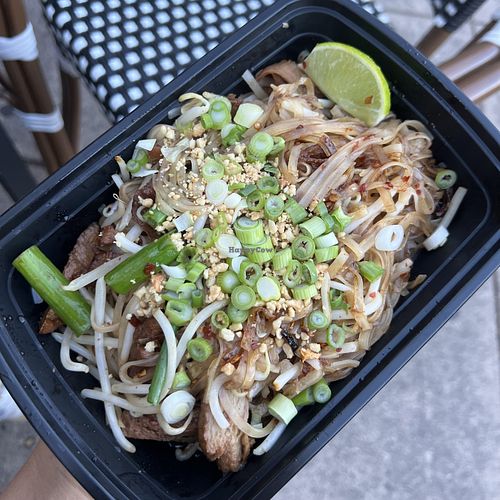Pad thai modified to be vegan with mock duck  at Bahn Thai in San Diego