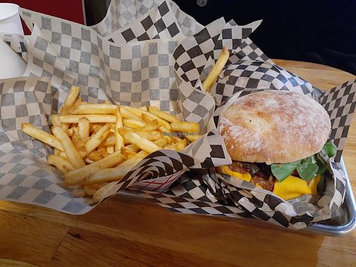 Vegan cheeseburger and fries at Pine Street Burgers in Grass Valley