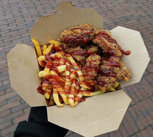 Fried "chicken" and fries! at Vegan House in Bangor