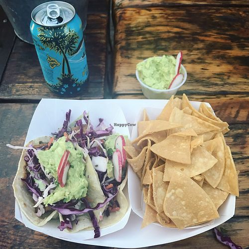 Tofu tacos with chips and guacamole  at Tacoway Beach in Far Rockaway