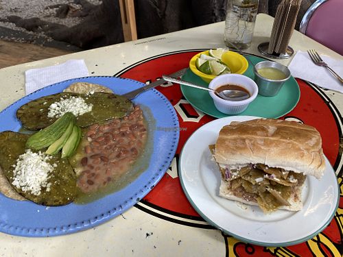 Chilaquiles torta and nopales plate  at Gracias Madre in Mexico City