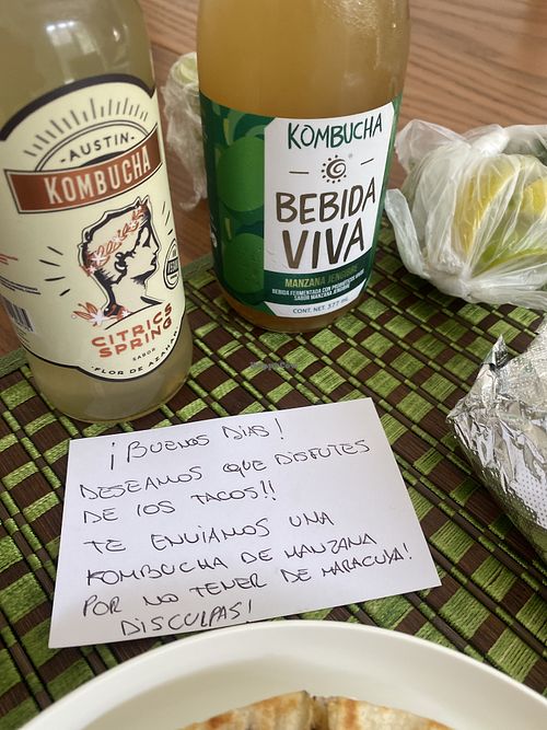 Vegan Kombucha with a Cute Note That They Didn’t Have the Flavor I ordered - Todo Bien!  at Gracias Madre in Mexico City