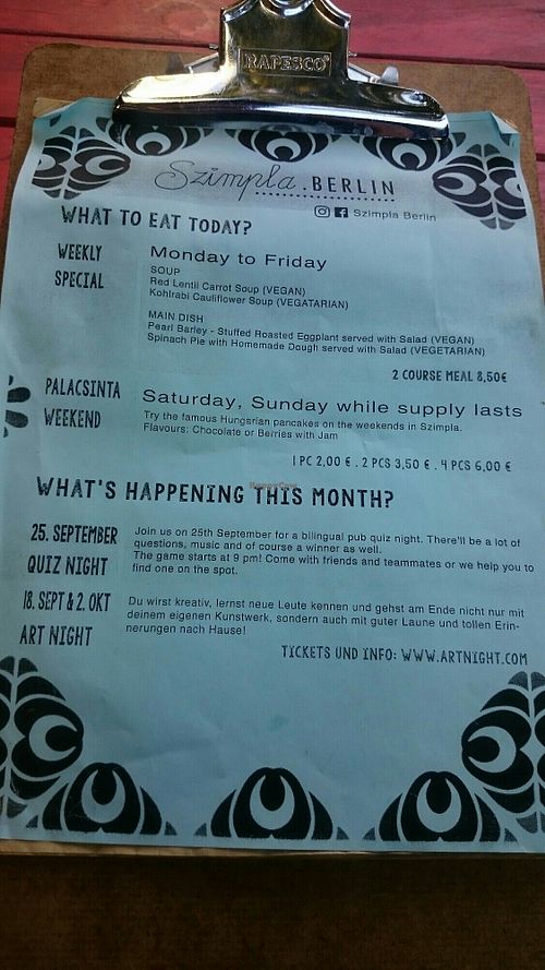 Menu for September 2019 feat. Vegan and vegetarian daily menu options and event suggestions at Szimpla in Berlin