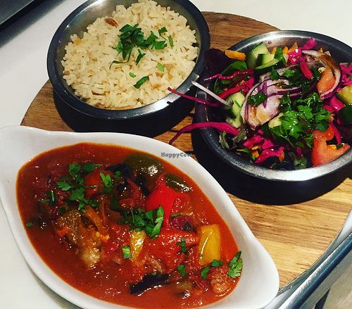 It’s another delicious our vegan home cooked meal. Aurbegine mix peppers onion garlic tomatoes cooked with special herbs  at De Mezka in North London