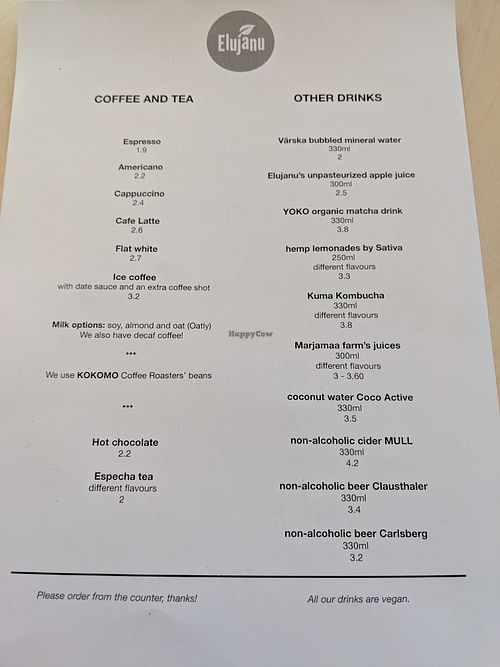 menu at Elujanu Kohvik in Tallinn