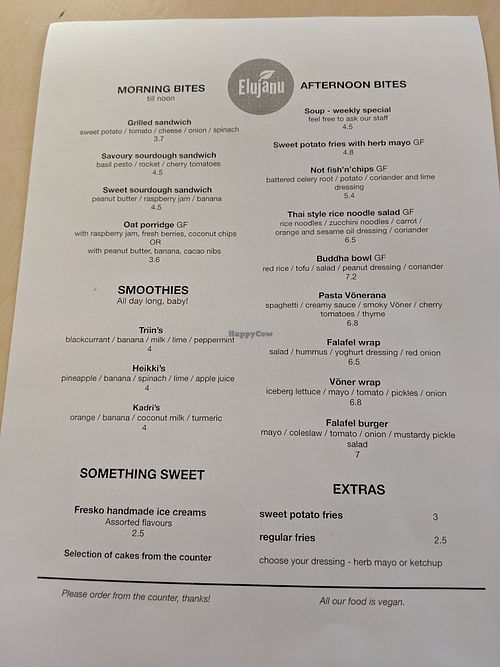 menu at Elujanu Kohvik in Tallinn