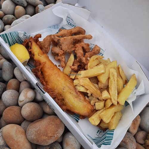King oyster calamari and banana blossom fish (we were sharing so this is just half of each and a small amount of the chips) at Chesil Chippie in Portland
