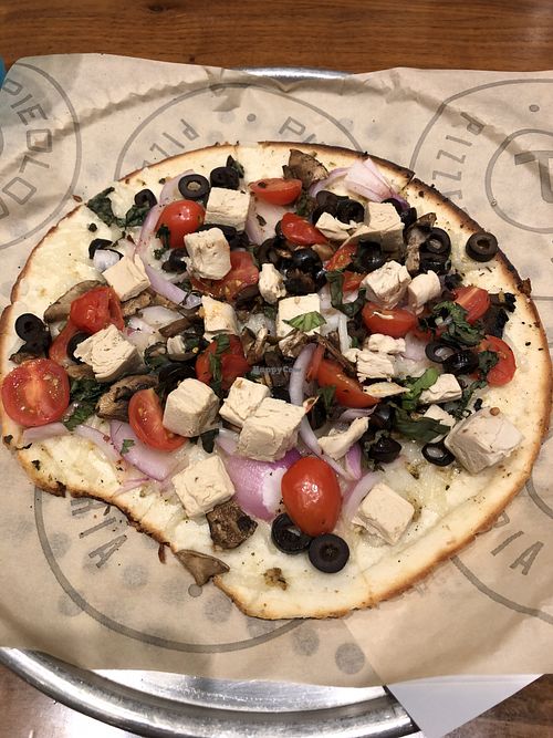 With vegan chicken  at Pieology in Dublin