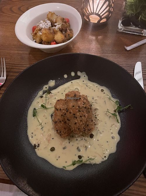 Sweet corn & garlic vadai, quinoa, kerala moilee with accompaniment of three chill potato, curry leaf, coconutt #Veganuary at Indian Accent in New York City