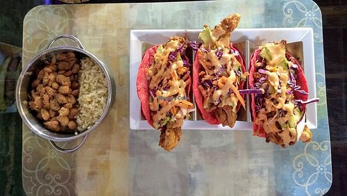 Rice+beans, jackfruit tacos at Veggie Del Sol in Brownsville