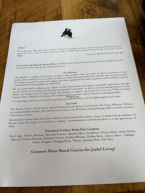 Menu at Ravens' Restaurant in Mendocino