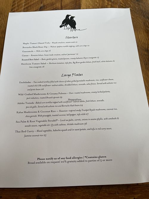 Menu  at Ravens' Restaurant in Mendocino