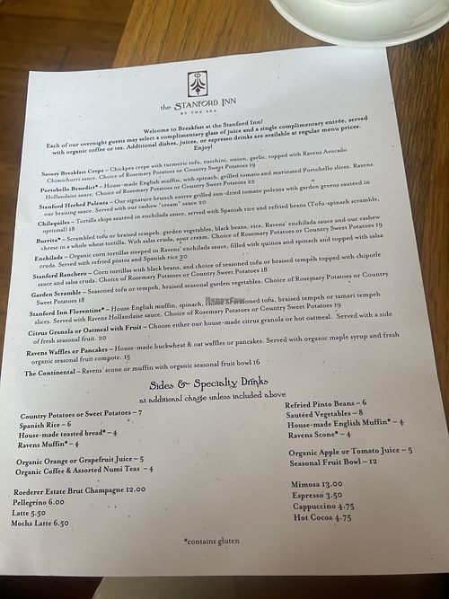 Menu at Ravens' Restaurant in Mendocino