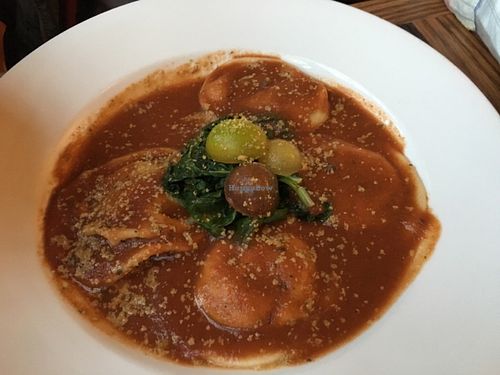 Ravioli with cashew ricotta in a tomato sauce. Dinner entree. at Ravens' Restaurant in Mendocino