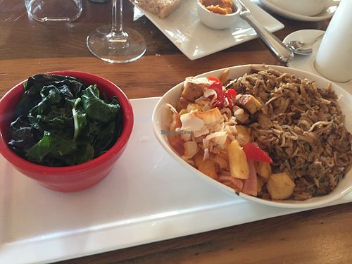 Pulled mushrooms with Hawaiian style tofu confit and Swiss chard. at Ravens' Restaurant in Mendocino