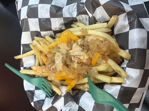 Dirty fries with vegan cheese   at Plant Slayer in Fresno