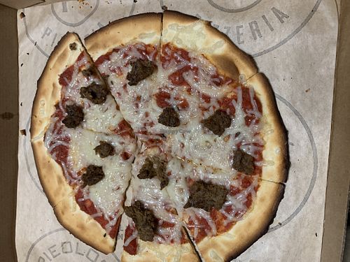 Vegan pizza with meatballs at Pielogy in Edinburg