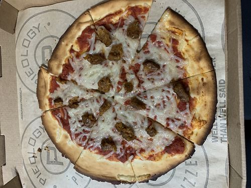 Vegan pizza with sausage at Pielogy in Edinburg