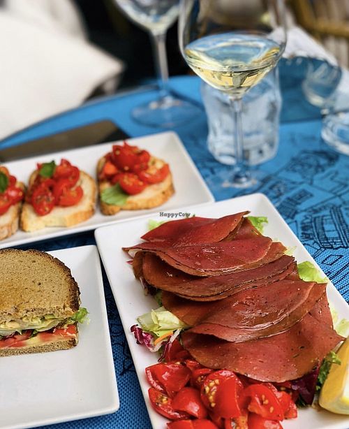 Bruschetta, vegan meat slices, carprese sandwich.  at Café Caso in Capri
