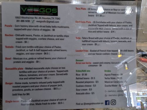 Menu at Veegos in Houston