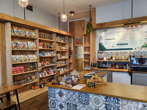 Pantry area where they sell a few different vegan products. at Beare's Pantry in Wadebridge