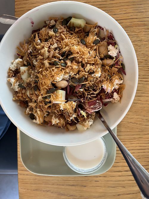 Salad with crispy onions on top  at Veganika in Ljubljana