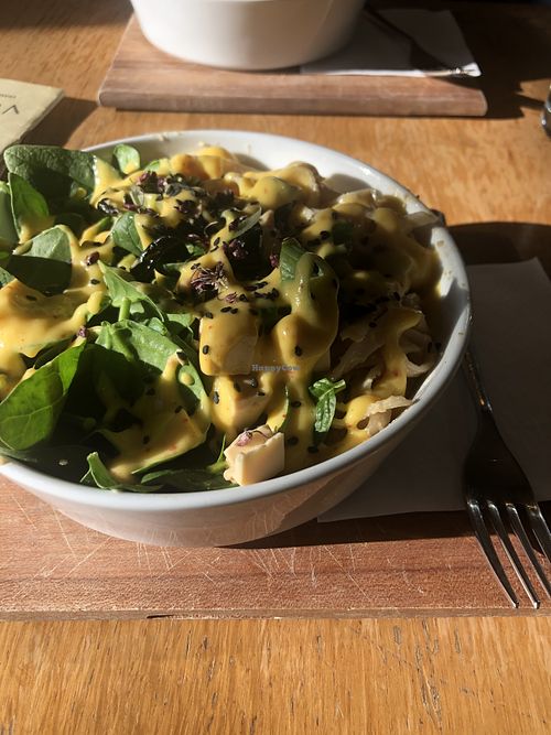 rice noodles with peanut miso sauce at Veganika in Ljubljana
