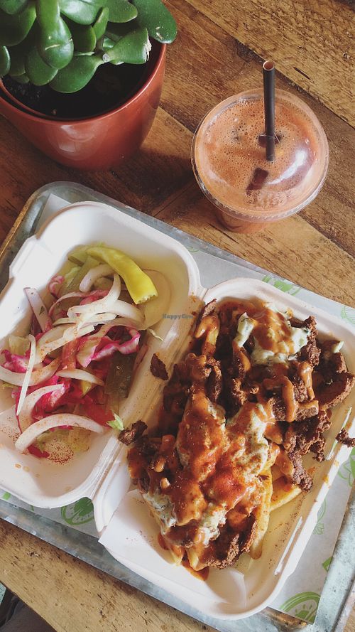 Kebab with fries and salad on the side. Fresh juice   at Vegan Munch in Birmingham